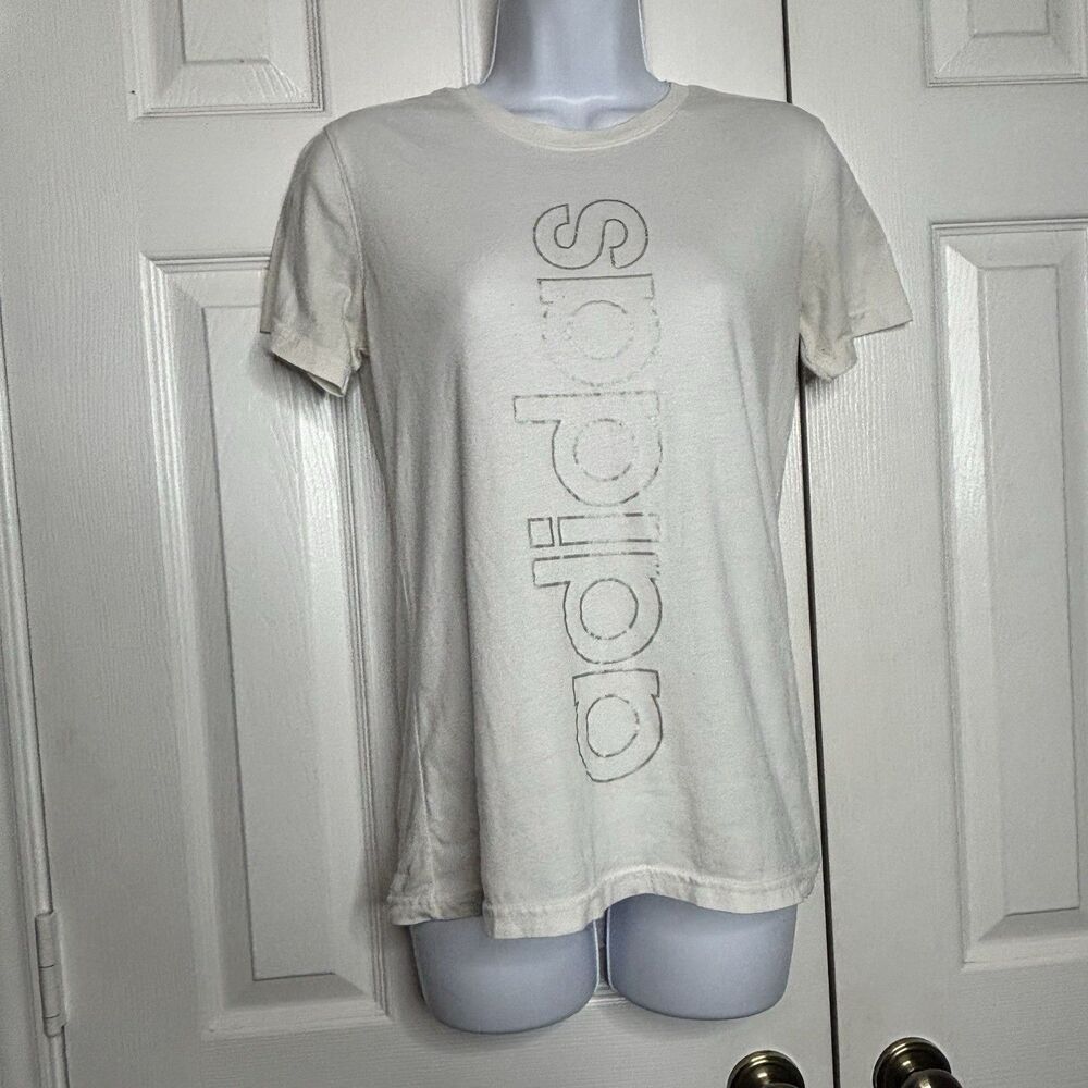 Adidas Small Vertical Logo Graphic T Shirt Cream Athletic Sportswear Tee